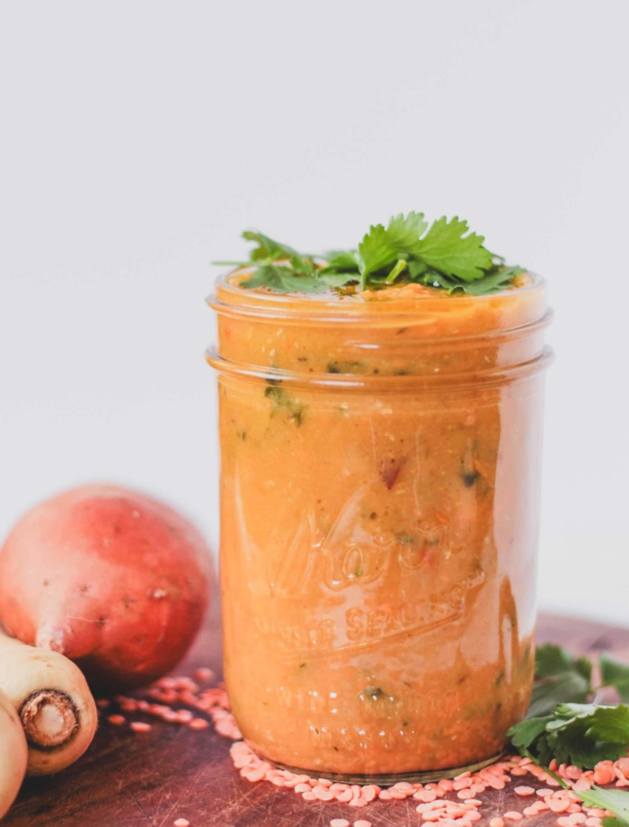 Red lentil soup with parsnip + sweet potato