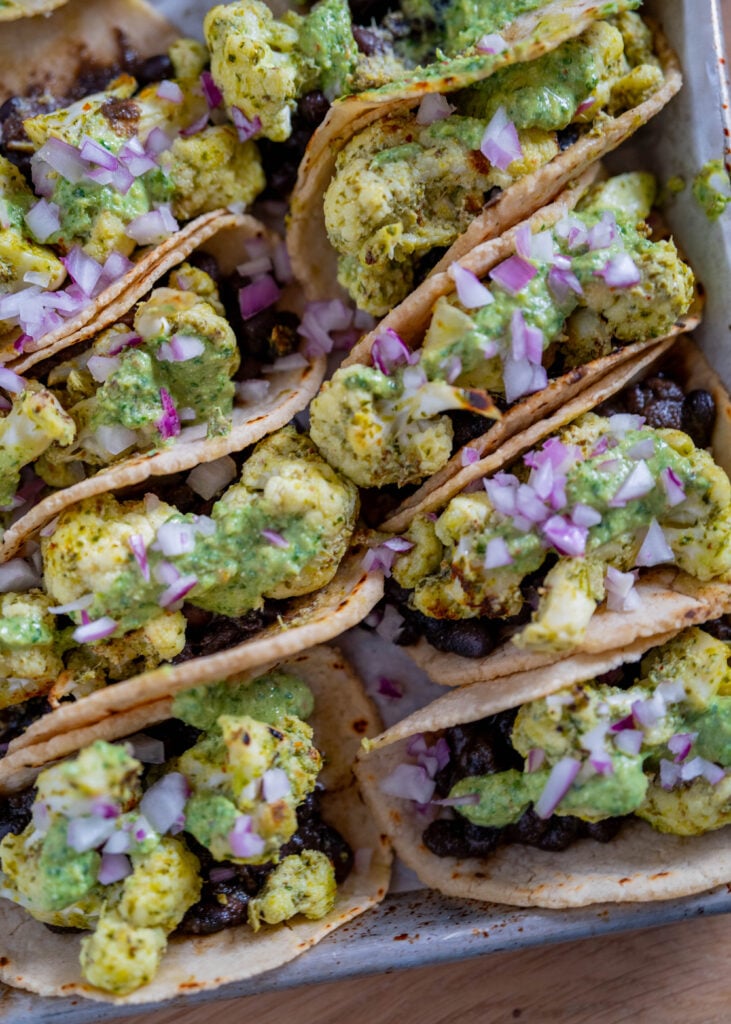 Black bean + cauliflower tacos with creamy chimichurri