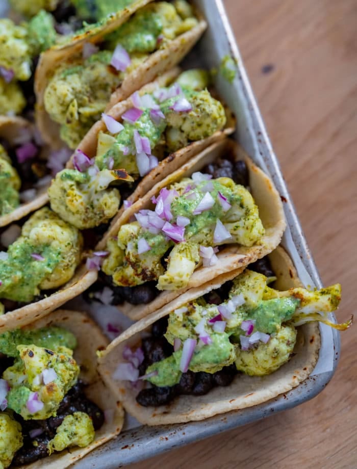 Black bean + cauliflower tacos with creamy chimichurri