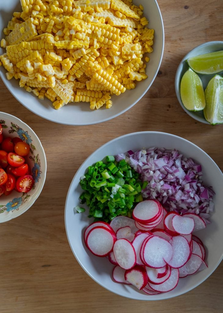 prepared vegetables and lime wedges