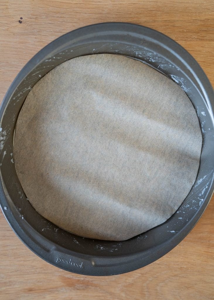 cake tin with parchment paper