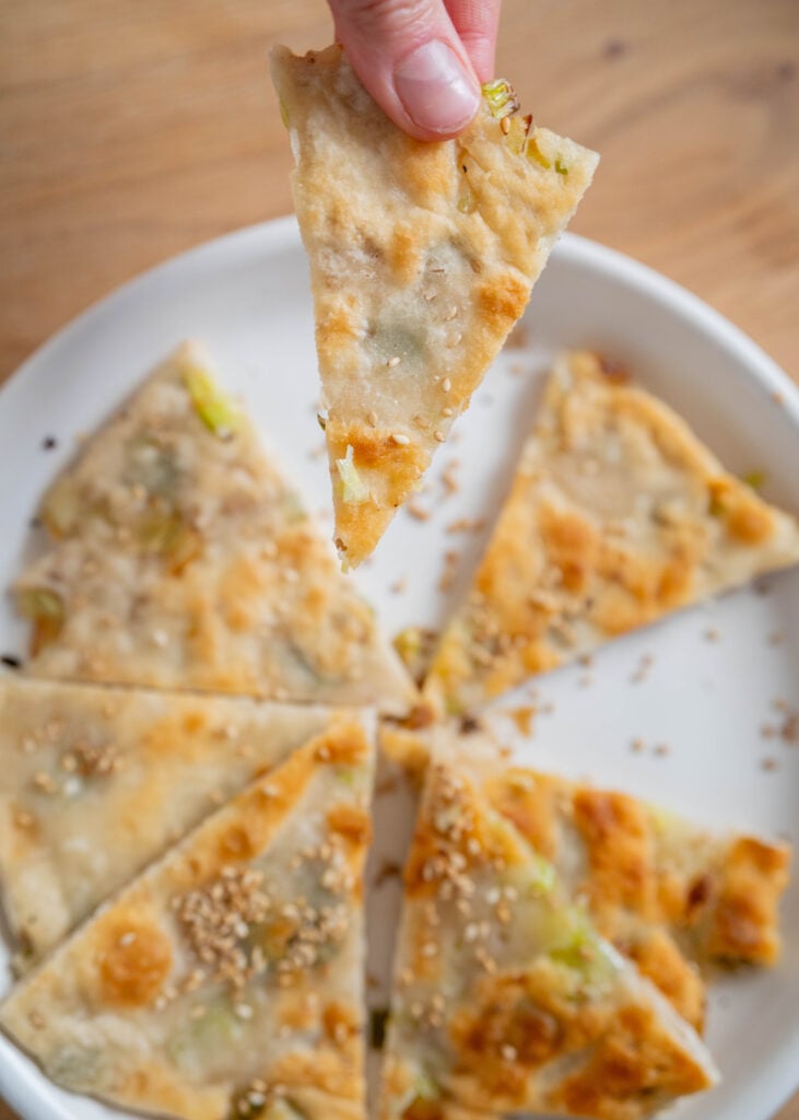 sourdough discard scallion pancake triangles
