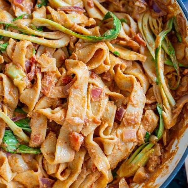 Spicy peanut butter tofu noodles with bok choy