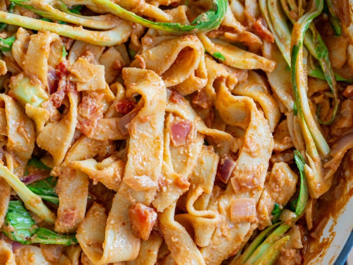 Spicy peanut butter tofu noodles with bok choy