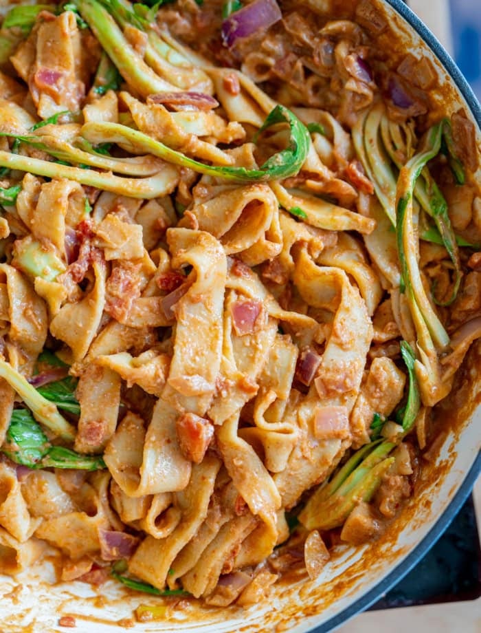 Spicy peanut butter tofu noodles with bok choy