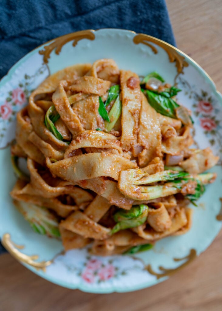 spicy peanut butter tofu noodles with bok choy