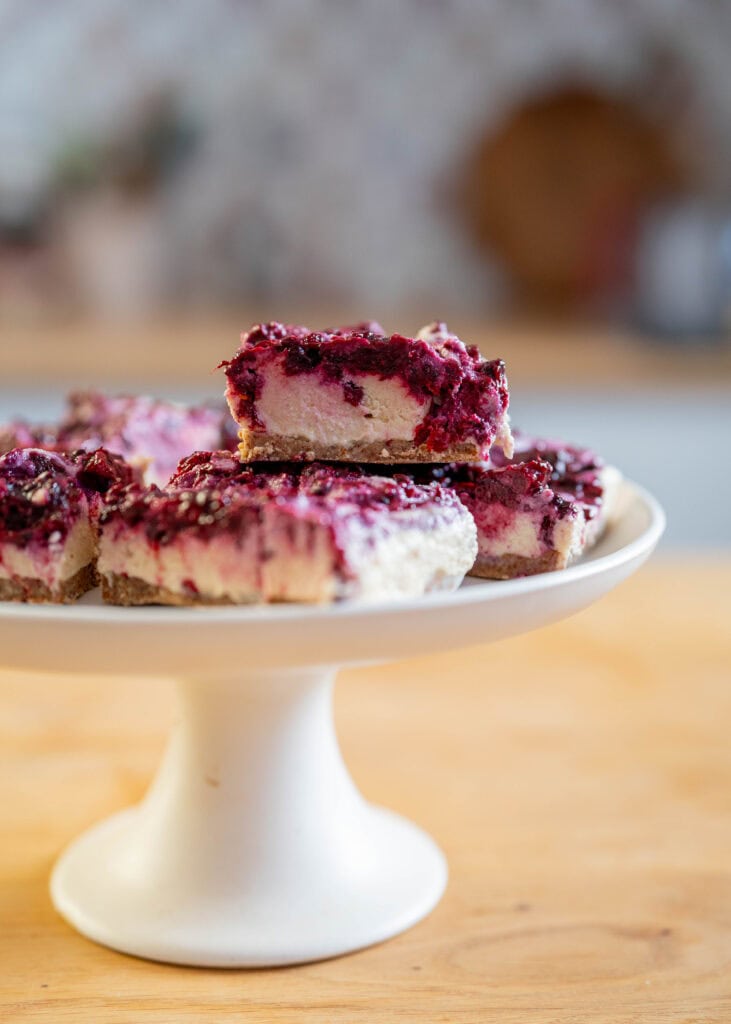 sliced frozen vegan blackberry cheesecake  bars