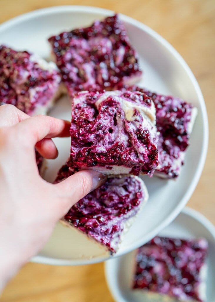 picking up a frozen vegan blackberry cheesecake  bars