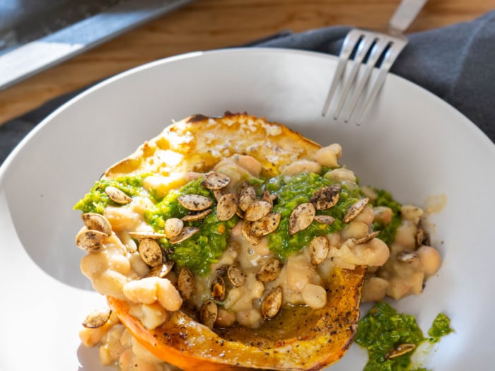 acorn squash with chimichurri and toasted seeds