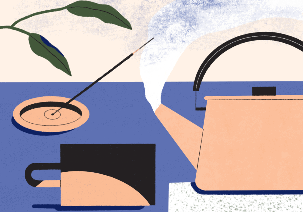 illustration of boiling kettle, tea cup, incense, and plant