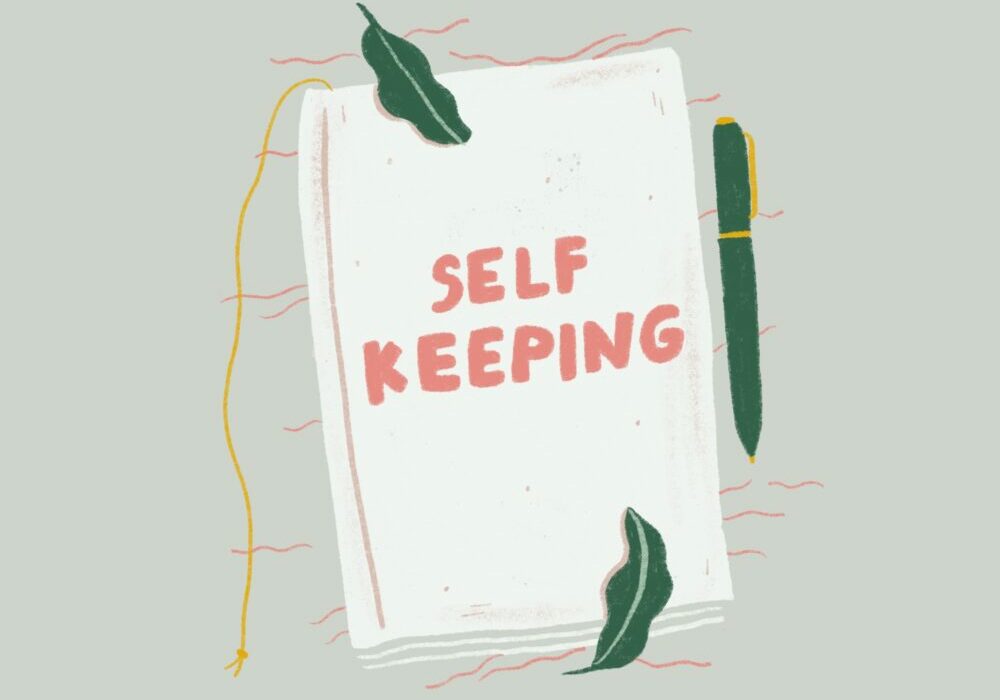illustrated journal with text "self keeping"