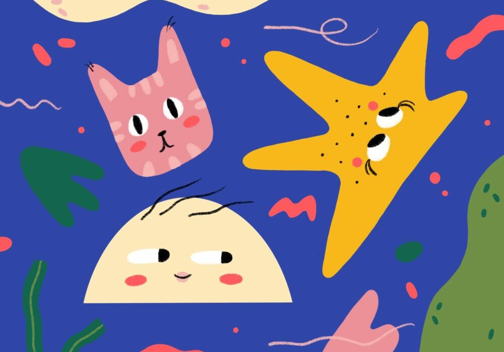 abstract illustration of faces, pink cat, yellow star, off-white half moon