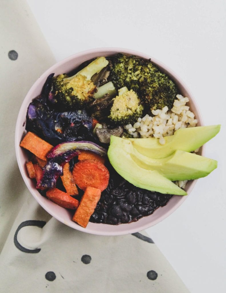 buddha bowl with mix of winter vegetables, brown rice, and black beans