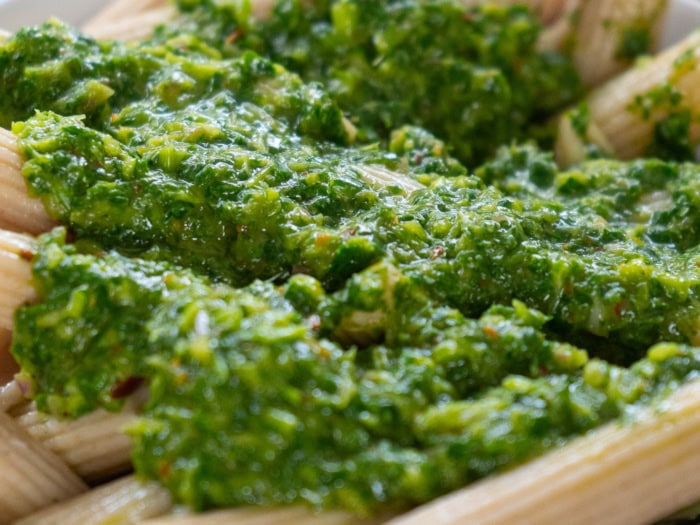 chimichurri over pasta