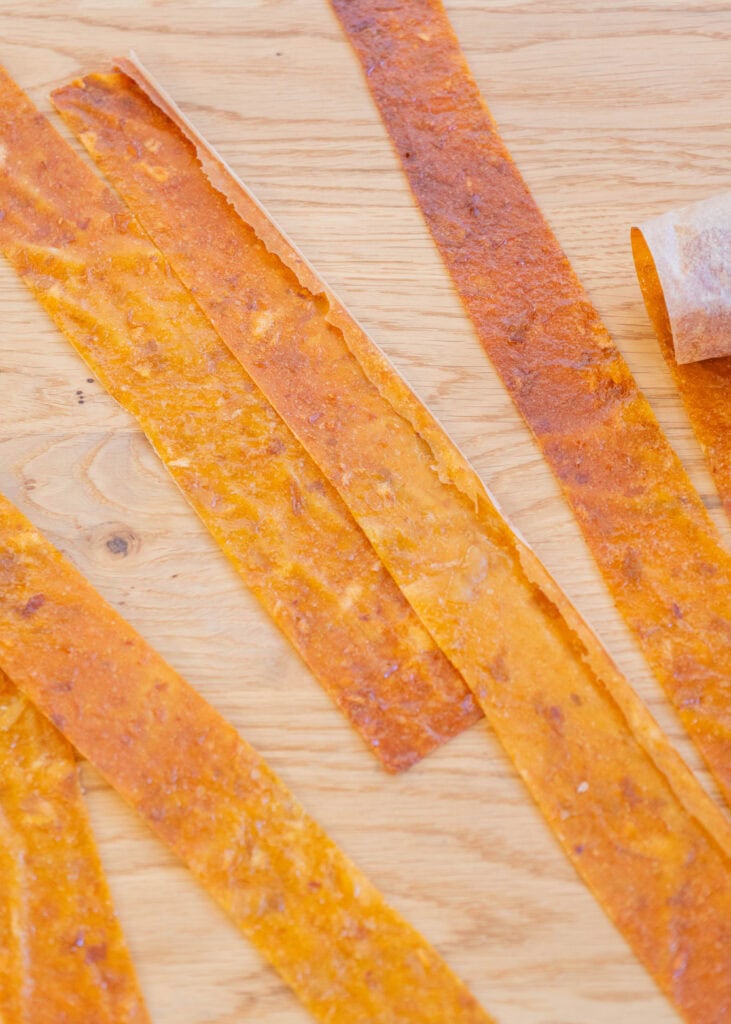 homemade baked fruit leather cut into strips