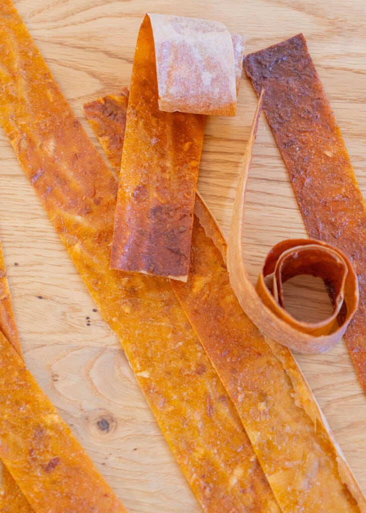 homemade baked fruit leather cut into strips
