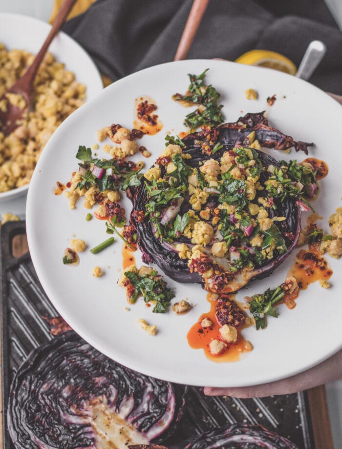 purple cabbage steaks with chimichurri and chickpea crumble