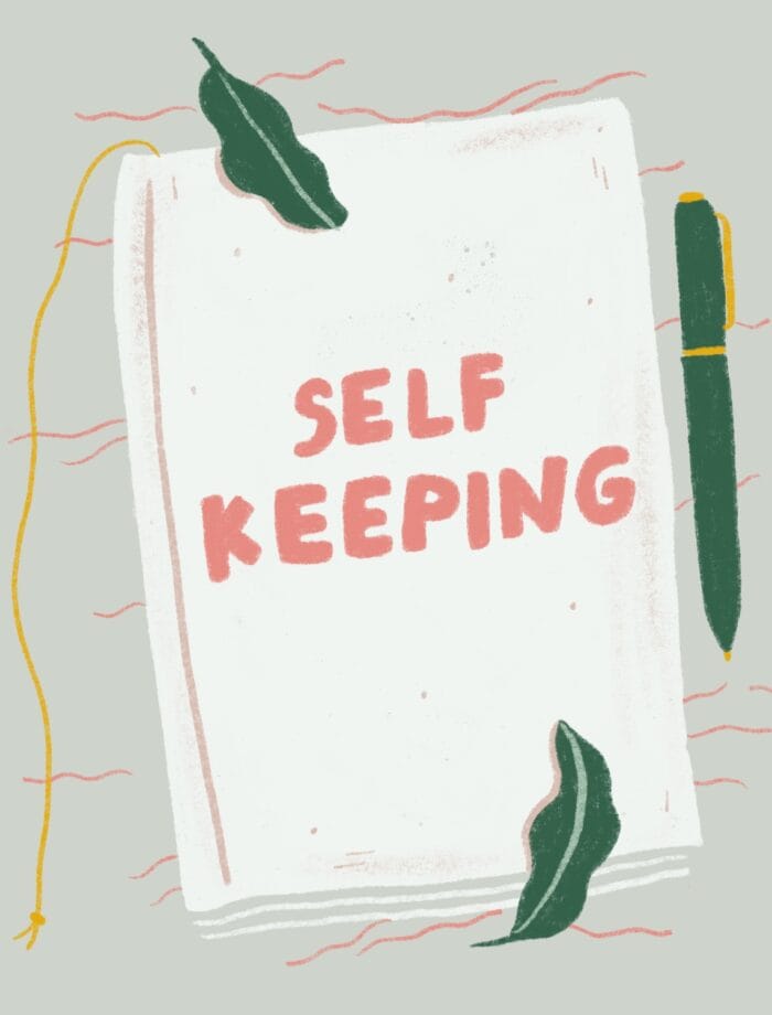 illustrated journal with text "self keeping"