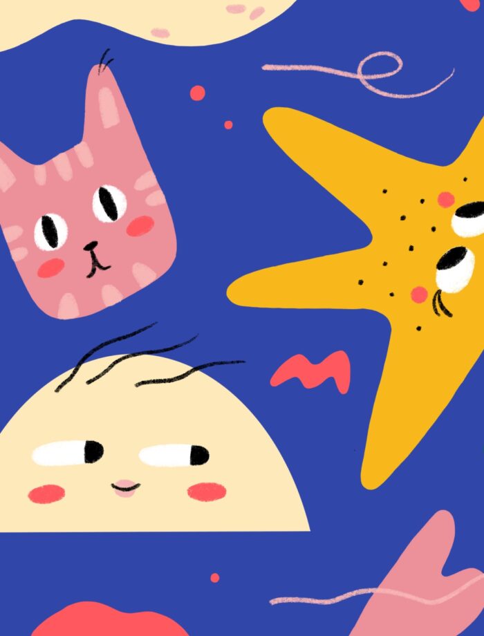 abstract illustration of faces, pink cat, yellow star, off-white half moon