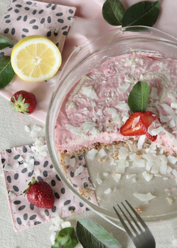 strawberry vegan cheesecake with almond pulp crust