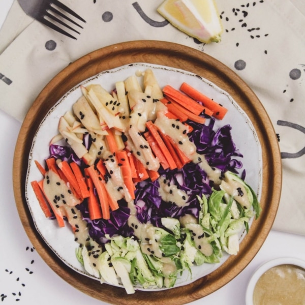 purple cabbage, carrot, apple, brussels sprout slaw with tahini dressing